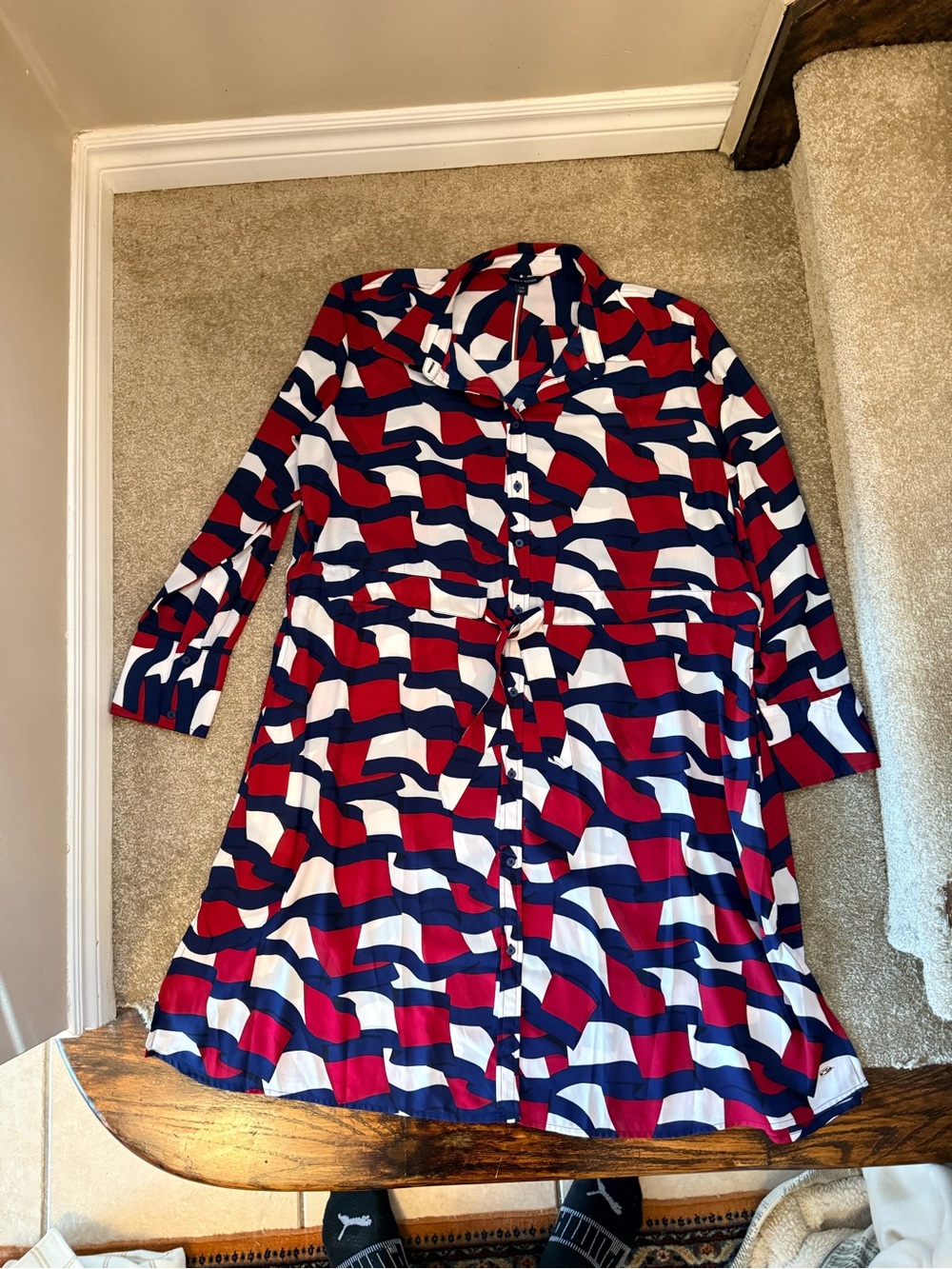 Tommy Hilfiger Geometric Print Belted Shirt Dress Red Navy White L